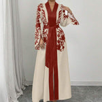 V-neck Long Sleeve Printed Flared Midi Dress - red