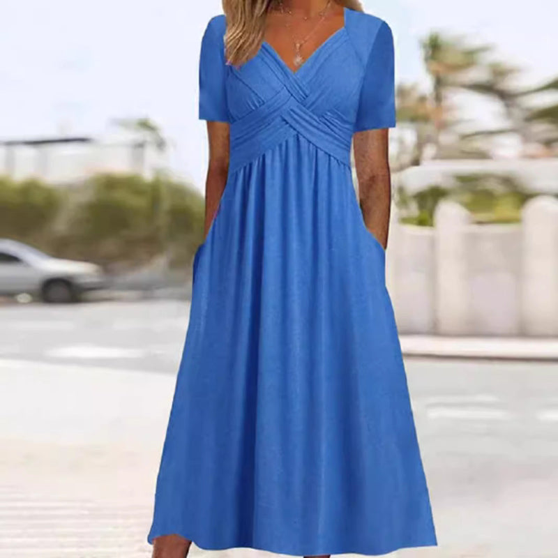 Gemini saidEffortless Chic: The V-Neck Short Sleeve Pocket Midi Dress - blue