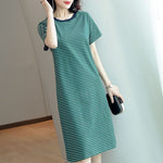 Elegant Loose Round Neck Striped Midi Dress