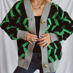 Contrast Trim Geometric V-Neck Long Sleeve Cardigan - runwayfashionista.com