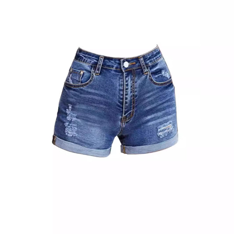 Elastic Denim Shorts with Ripped & Folded Edges