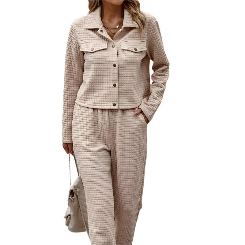 Plaid texture snap down top and pants set - runwayfashionista.com