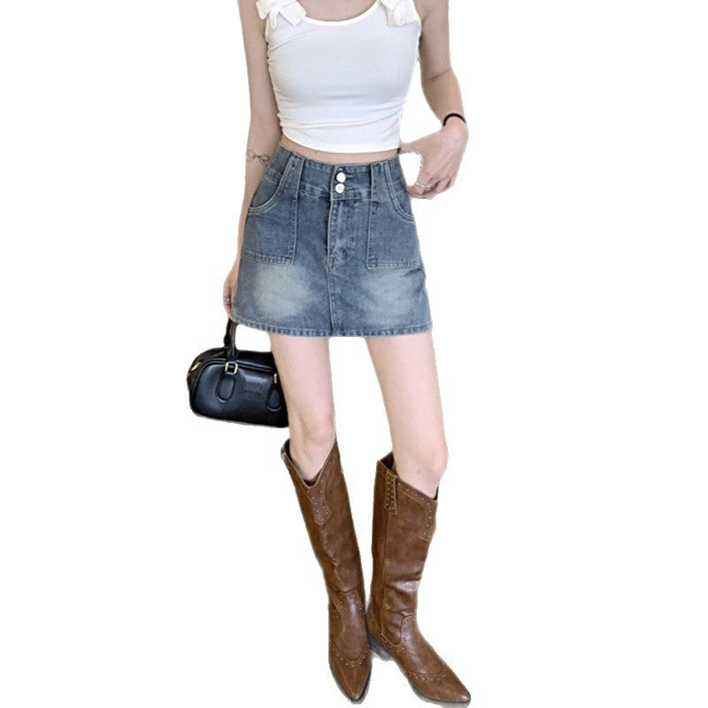 Trendy Double Button High Waist Denim Skirt