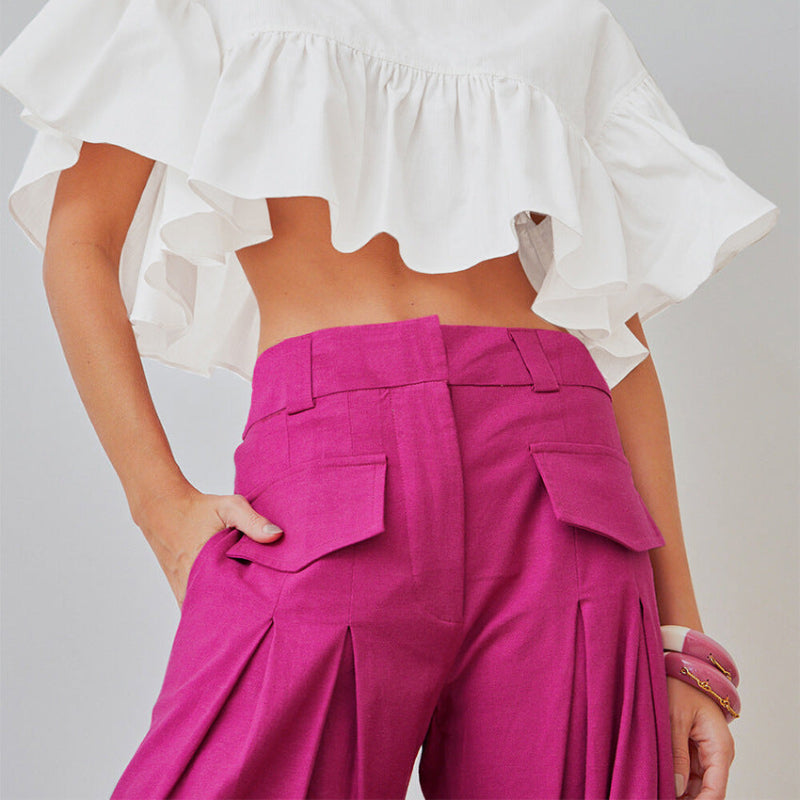 The Power Move: Rose Red Cotton-Linen Wide Leg Pants