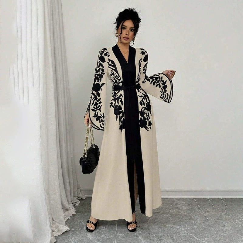 V-neck Long Sleeve Printed Flared Midi Dress - black