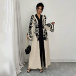 V-neck Long Sleeve Printed Flared Midi Dress - black