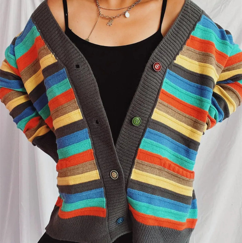 Contrast Stripes Button Up Long Sleeve Cardiganrunwayfashonista.com