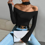 Off shoulder slim knit long sleeved temperament top - runwayfashionista.com