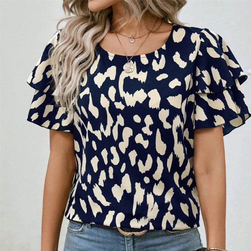 Ruffled Printed Round Neck Short Sleeve Blouse - runwayfashionista.com