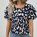 Ruffled Printed Round Neck Short Sleeve Blouse - runwayfashionista.com