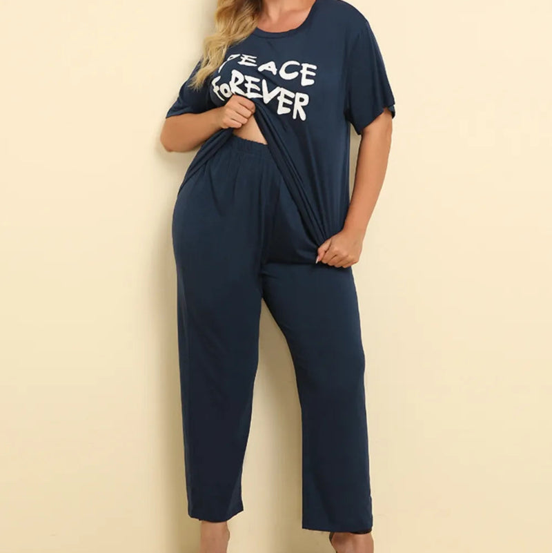 Plus Size PEACE FOREVER Dark Blue Short Sleeve Top & Pants Set - runwayfashionista.com