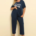 Plus Size PEACE FOREVER Dark Blue Short Sleeve Top & Pants Set - runwayfashionista.com