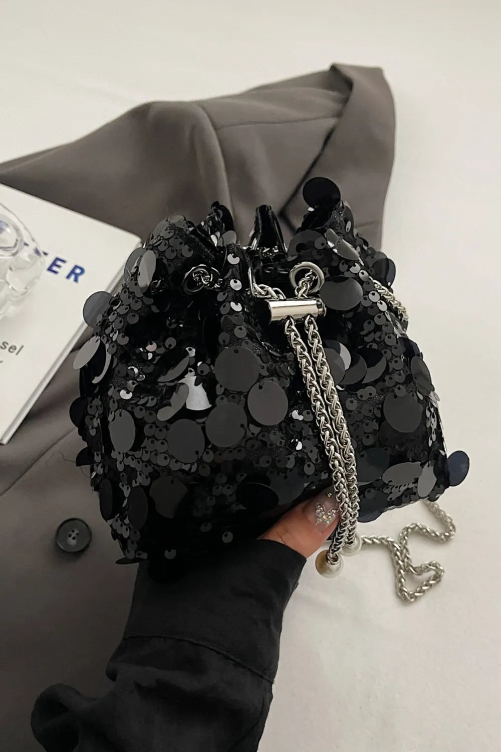 Drawstring Sequin Crossbody Bag - rnwayfashionista.com