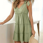 Full size frill v-neck tie shoulder mini dress in a solid color with ruffled details and an opaque finish -runwayfashionistacom
