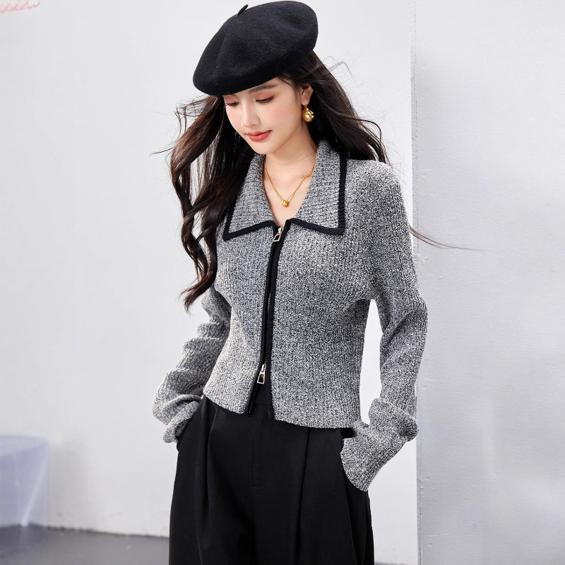 Black and Gray Contrast Double-Zipper Knit Cardigan