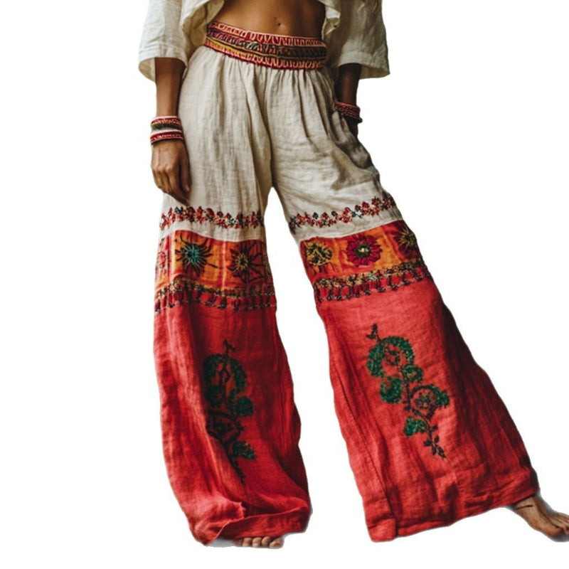 Fashion Vintage Print Wide-Leg Pants - red