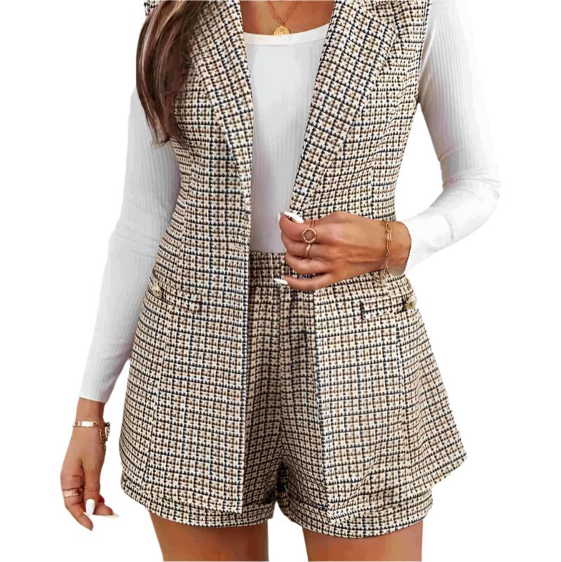 Tied plaid collared neck vest and shorts set - runwayfashionista.com