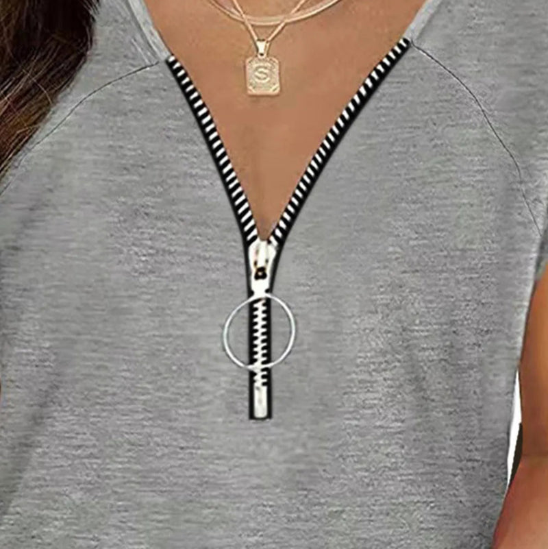 Full Size Half Zip Cap Sleeve T-Shirt -runwayfashionista.com