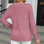 Striped Notched Long Sleeve T-Shirt - runwayfashionista.com