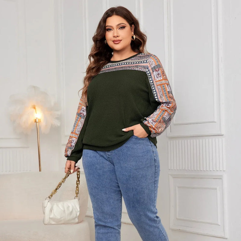 Honey Plus Size Printed Long Sleeve Sweatshirt in Black, Navy, Army Green with geometric print and round neck. Loose fit pullover