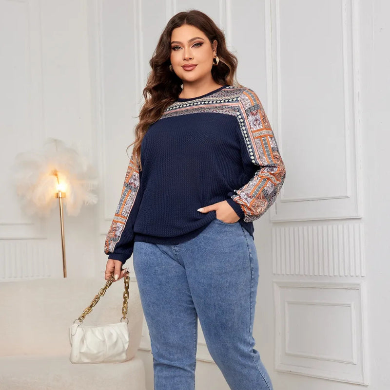 Honey Plus Size Printed Long Sleeve Sweatshirt in Black, Navy, Army Green with geometric print and round neck. Loose fit pullover