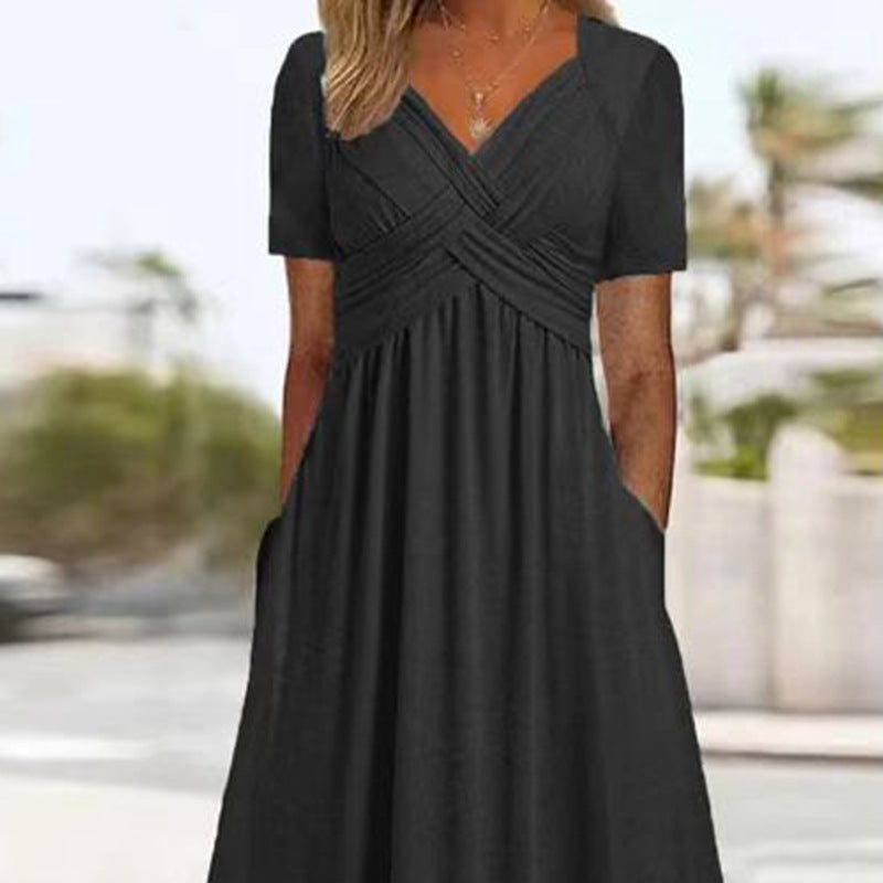 Gemini saidEffortless Chic: The V-Neck Short Sleeve Pocket Midi Dress - back