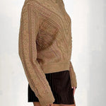 Openwork Round Neck Long Sleeve Sweater - runwayfashionista.com