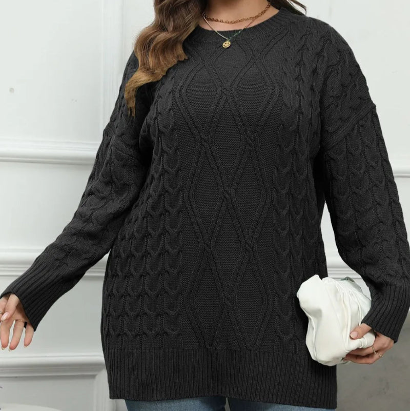 Plus Size Round Neck Long Sleeve Cable-Knit Sweater