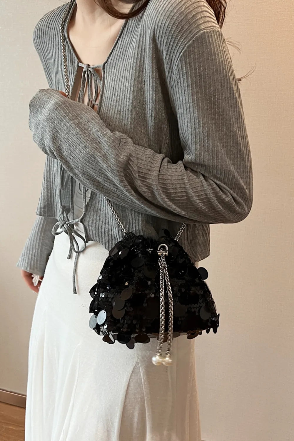 Drawstring Sequin Crossbody Bag - rnwayfashionista.com