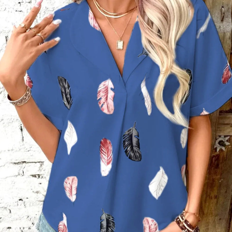 Printed Collared Neck Short Sleeve Blouse - runwayfashionista.com