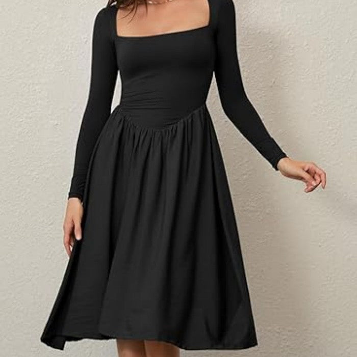 Square Neck Long Sleeve Pleated Midi Dress - black