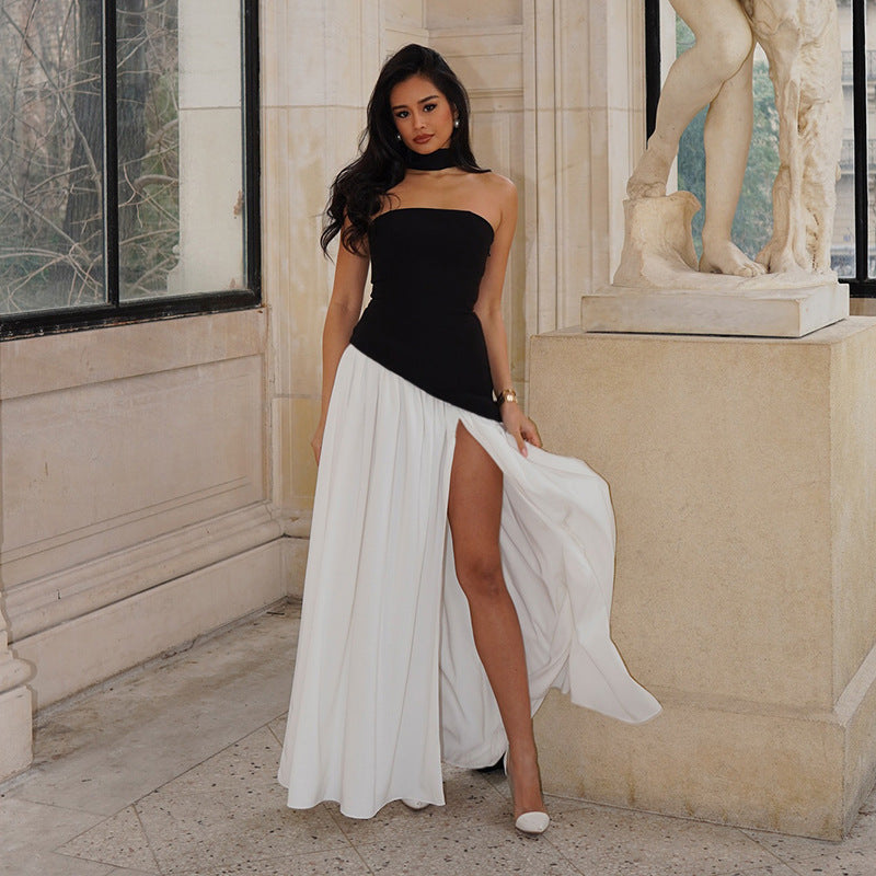 Statement: Strapless Color-Blocked Midi Dress