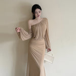 Slant Shoulder Mesh One Shoulder Midi Design Dress