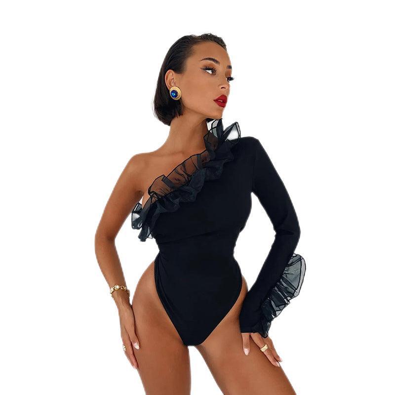 One Shoulder Sleeve Slim Wrap Hip Bodysuit - runwayfashionista.com