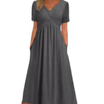 Gemini saidEffortless Chic: The V-Neck Short Sleeve Pocket Midi Dress - grey
