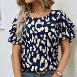Ruffled Printed Round Neck Short Sleeve Blouse - runwayfashionista.com