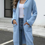 Pocketed Button Up Long Sleeve Hooded Cardigan - runwayfashonista.com