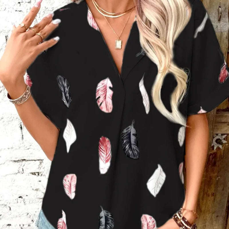 Printed Collared Neck Short Sleeve Blouse - runwayfashionista.com