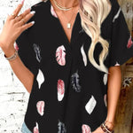 Printed Collared Neck Short Sleeve Blouse - runwayfashionista.com