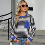 Pocketed Striped Round Neck Long Sleeve T-Shirt - runwayfashionista.com