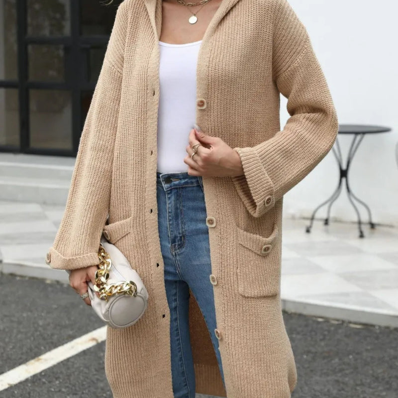 Pocketed Button Up Long Sleeve Hooded Cardigan - runwayfashonista.com