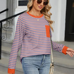 Pocketed Striped Round Neck Long Sleeve T-Shirt - runwayfashionista.com