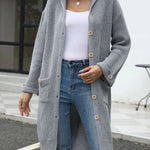 Pocketed Button Up Long Sleeve Hooded Cardigan - runwayfashonista.com