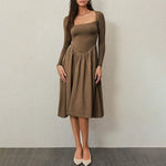 Square Neck Long Sleeve Pleated Midi Dress - brown