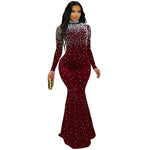 Elegant High Neck Rhinestone Beaded Bodycon Maxi Dress - Red Wine