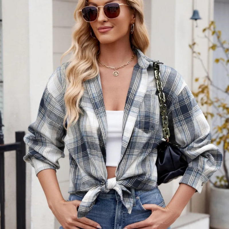Plaid Collared Neck Long Sleeve Shirt - runwayfashionista.com