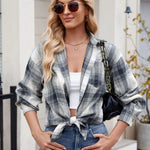 Plaid Collared Neck Long Sleeve Shirt - runwayfashionista.com