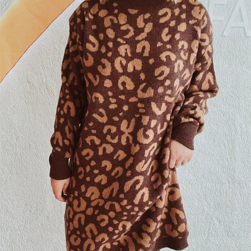 Leopard Round Neck Long Sleeve Sweater - runwayfashionista.com