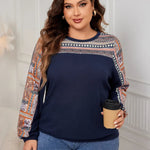 Honey Plus Size Printed Long Sleeve Sweatshirt in Black, Navy, Army Green with geometric print and round neck. Loose fit pullover