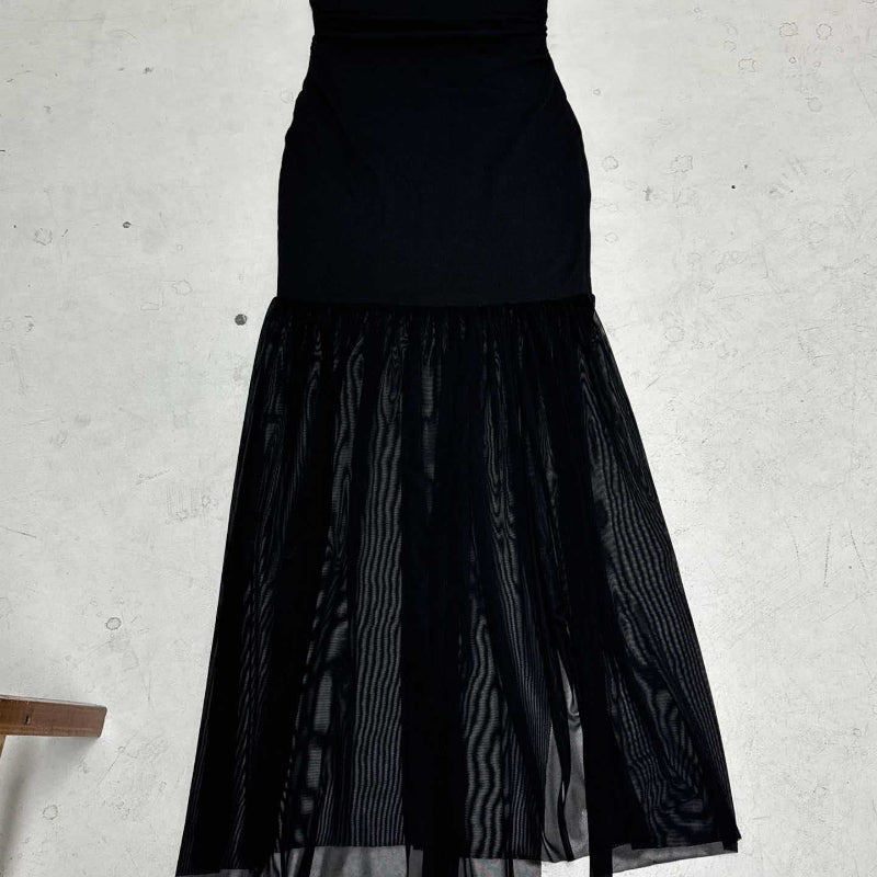 🖤 THE BREEZE-READY ICON: Strapless Mesh Midi Dress with SlitSkirt - blck